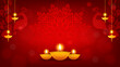 Beautiful Diwali background vector illustration. Diya oil lamp with peacock frame on red Indian pattern background