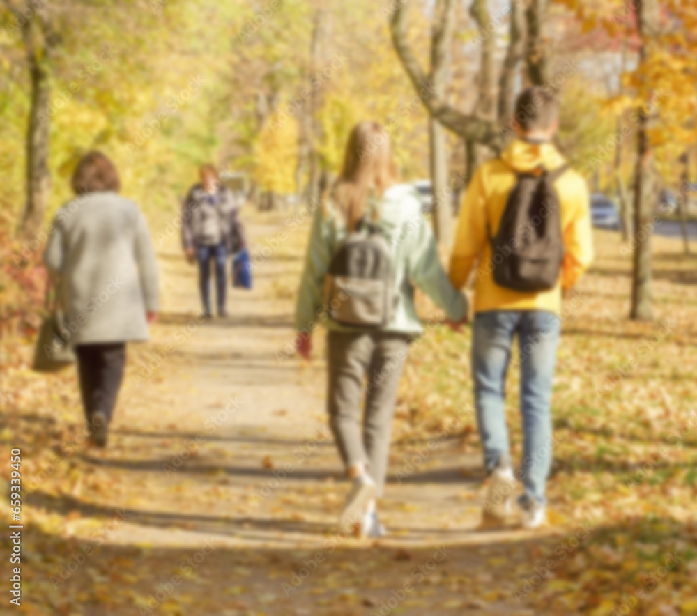 Defocused image of an autumn park with trees, foliage and paths with ...