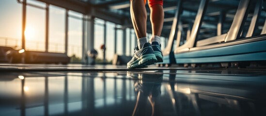 Runner athlete running on treadmill at sunrise. woman fitness jogging workout wellness concept.