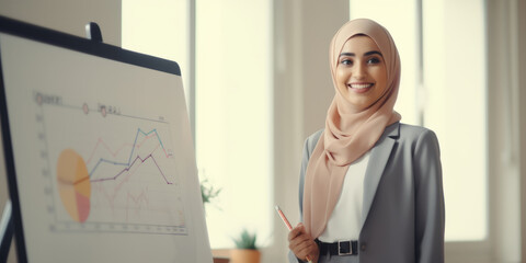 Wall Mural - Woman is doing speech. Beautiful young business executive is analyzing strategy