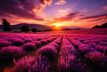 Rows Of Lavender Bushes And Flowers On A Farm At Sunset