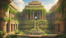 Ancient Hanging Gardens Of Babylon. Plants And Waterfalls In Ancient Temple