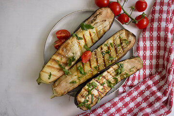 Wall Mural - Fried grilled eggplants with tomatoes