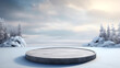 Empty round stone podium in winter background with copy space for product display