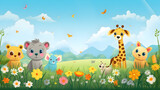Fototapeta Pokój dzieciecy - Animals in the meadow, Playful cartoon animals in a colorful meadow, children's illustration, cute character design, vector art