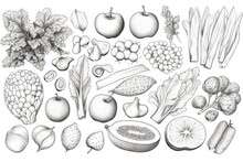 A Collection Of Organic And Fresh Vegetables, Presented In A Vintage-style Illustration.