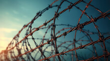 Barbed Prison Wire On Dark Blue Background
