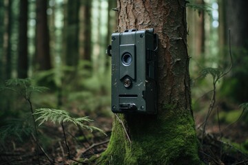 Canvas Print - Vintage camera on a tree in the forest. Retro style, Camera trap or spy photo camera in forest, AI Generated