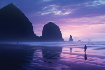 Poster - Silhouette of a man walking on the beach at sunset, Cannon Beach Dusk Solitude. Evening twilight at Haystack Rock in Cannon Beach, Oregon as the surf washes up onto the beach, AI Generated