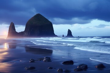 Sticker - Rugged landscape of Reynisfjara Beach, Iceland, Cannon Beach Dusk Solitude. Evening twilight at Haystack Rock in Cannon Beach, Oregon as the surf washes up onto the beach, AI Generated