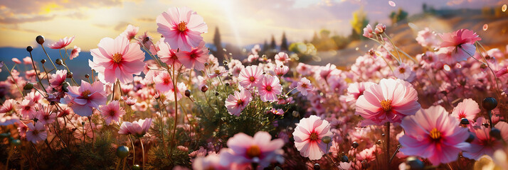 Outdoor cosmos flowers field background with sunlight, banner