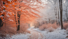 Beautiful Colorful Nature With Bright Orange Leaves Covered With Frost In Late Autumn Or Early Winter