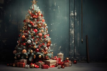 Wall Mural - Christmas tree with gifts and decorations in front of a grunge wall, Christmas Tree with Decorations, AI Generated