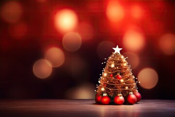 Sticker - Christmas tree with red baubles and lights on bokeh background, Christmas Tree With Ornament And Bokeh Lights In Red Background, AI Generated