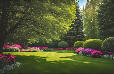 Wall Mural - Beautiful manicured country lawn surrounded by trees and shrubs on a bright summer day. Spring summer nature