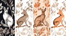 Tree Branches, Forest Animals, And Birds Form A Seamless Design. Deer, Fox, Hare, And Squirrel Are All Examples Of Wildlife. Illustration Art In Vector Format. Natural Fabric, Textile, Paper, And Wall