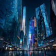 A metropolis of towering glass skyscrapers with holographic billboards that project shimmering advertisements into the night sky.