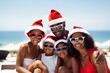 Merry Christmas. Portrait of happy family wearing Sun glasses, celebrating new year holidays together, smiling poses looking at camera. Against a backdrop of tropical beach.