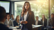 © Alin - A confident female executive masterfully delivers a business presentation in a boardroom, engaging her audience during an informative workshop
