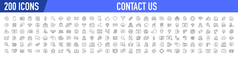 Wall Mural - set of 200 contact us web icons in line style. web and mobile icon. chat, support, message, phone. v