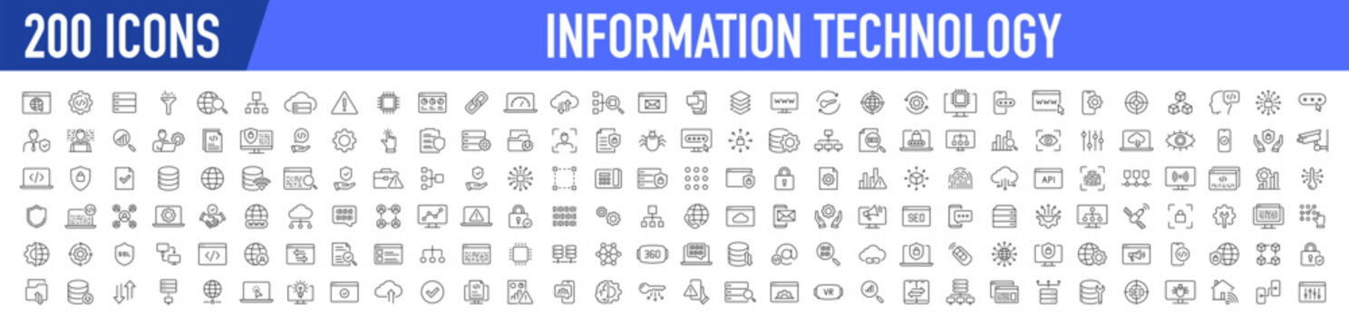 Information Technology web icon set in line style. Network, web design, website, computer, software, progress,programming, data, internet, collection. Vector illustration.