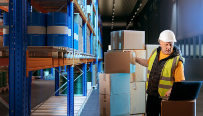 Wall Mural - Man with boxes in warehouse. Loader keeps records of goods in storage. Warehouse manager with laptop. Guy works in fulfillment center. Racks with barrels near loader. Worker in warehouse hangar