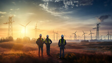 Environmental Workers In A Wind Power Generation Field, Collaborating On Sustainable Energy Projects, Maintaining And Monitoring Wind Turbines To Support Green Energy Initiatives