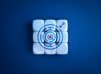 Wall Mural - Target goal icon as a maze game symbol with arrow on completed white puzzle blocks on blue background. Business solution, planning to overcome obstacles and challenges to reach in success concepts.