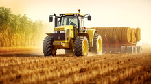 Yellow Tractor On The Field At The Corn Harvest. Postproducted Generative AI Illustration.