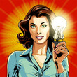 Young woman holds a glowing light bulb in her hands. Idea!Task and its successful solution concept, vector illustration drawing in retro comic pop art style
