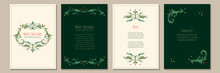 Set Of Christmas And New Year Greeting Card. Green Background With Traditional Book Ornaments. Holiday Design For Greeting Card, Invitation, Cover, Calendar, Social Media Posts, Menu.
