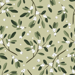 Vector seamless pattern with mistletoe branches on green background. For fabric, wallpaper, packaging, textile, web design.