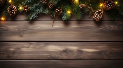 Wall Mural - Rustic Christmas ornaments hanging from green fir branches against an empty wooden backdrop. space for adding text or design elements.