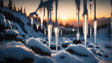 Melting Snow And Ice With Sunset In Background. Highly Detailed And Realistic Illustration