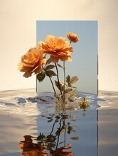 A Vibrant Cluster Of Orange Roses Glistens In The Sun, Its Delicate Petals Glimmering In The Still Pool Of Water And Reflecting The Beauty Of Nature