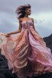 A beautiful woman in a flamboyant pink dress stands gracefully in the sky, her fabric ruffles and embellishments glistening in the sun, creating a striking fashion statement
