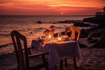 Poster - A table set for a romantic dinner on the beach