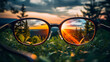 View through eyeglasses reveals the sharp clarity and vibrant beauty of a sunrise in nature