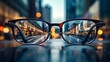 View through eyeglasses reveals the sharp clarity and vibrant beauty of an urban cityscape