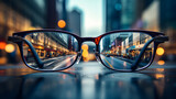 Fototapeta  - View through eyeglasses reveals the sharp clarity and vibrant beauty of an urban cityscape