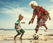 Grandmother playing football with grandson on a sunny summer day at the beach. Colorful bright fun scene with young boy and granny.