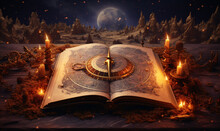 Fantasy Moon Background With An Ancient Magic Book Showing A Map With A Compass That Leads To A Fairyland. Digital AI