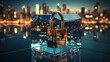 Cyber security concept with padlock and city background 3D rendering