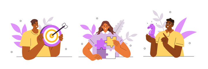 Wall Mural - business concept illustration. collections of characters assembling jigsaw puzzle, moving chess figu