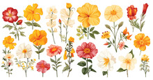 Spring Flowers Illustration Colorful Flower Set, Flower Illustrations, Hibiscus, Jasmine, Marigold