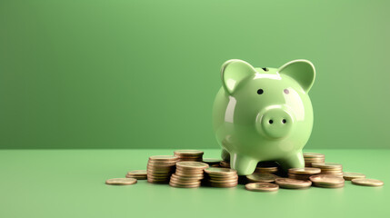 Green pig piggy banks on a stack of gold coins, isolated on green background - Green investment success, eco savings concept