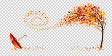 Autumn Abstract Background With Tree And Falling Colourful Leaves And Umbrella. Vector