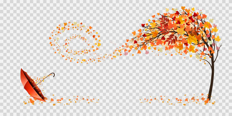 Poster - Autumn abstract background with tree and falling colourful leaves and umbrella. Vector