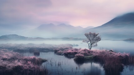Wall Mural - A tree on the shore of the lake. Fog on the surface of the river. Purple sky and clouds. Nature landscape in autumn or winter.