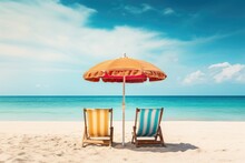 Beach Chair And Umbrella On Tropical Sand Beach With Blue Sky Background, Chairs And Umbrella In Tropical Beach - Seascape Banner, AI Generated